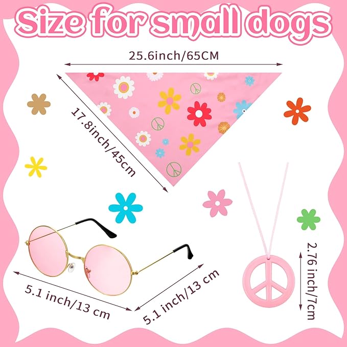 4 Pcs Hippie Dog Costume Pet Dog Hippie Costume Set Includes Sunglasses Scarf Cloak Necklace(Pink Style,Large)