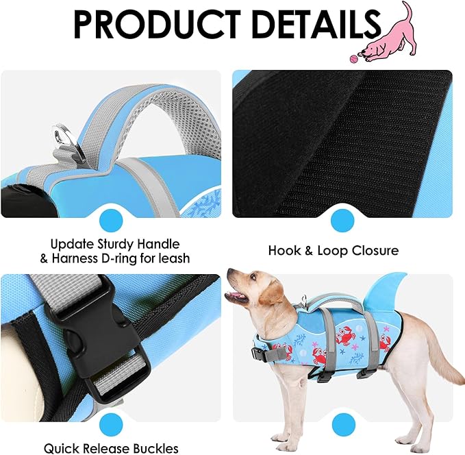 AOFITEE Dog Life Jacket, Dog Life Vest for Swimming, Shark Dogs Swimming Vest with Rescue Handle and Reflective Stripe, Ripstop Pet Float Coat Swimsuit Lifesaver Small Medium Large Dogs Blue Crab L
