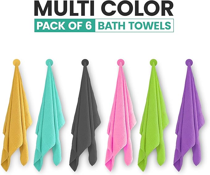 ZUPERIA 6-Pack Bath Towels - 30" x 60" - Ultra Soft 100% Cotton Large Bath Towels- Highly Absorbent for Bathroom, Pool, Gym, Spa, and Hotel Use (Colors Variety)