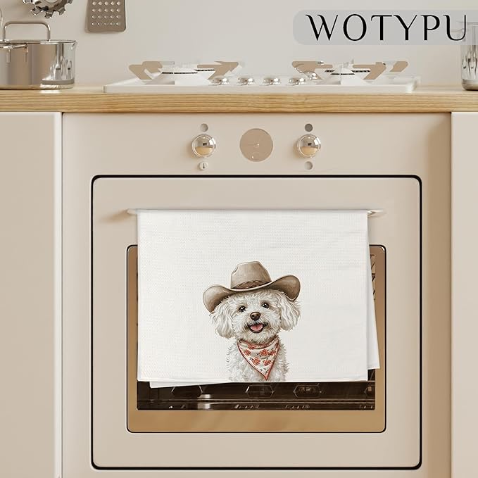 Cowboy Bichon Frise Kitchen Towels, Bichon Frise Gifts for Women Men Dish Tea Towel for Kitchen Decor, Funny Western Dog Hand Towels for Bathroom Decor, Dog Lover Mom Gifts, 16X24 Inch