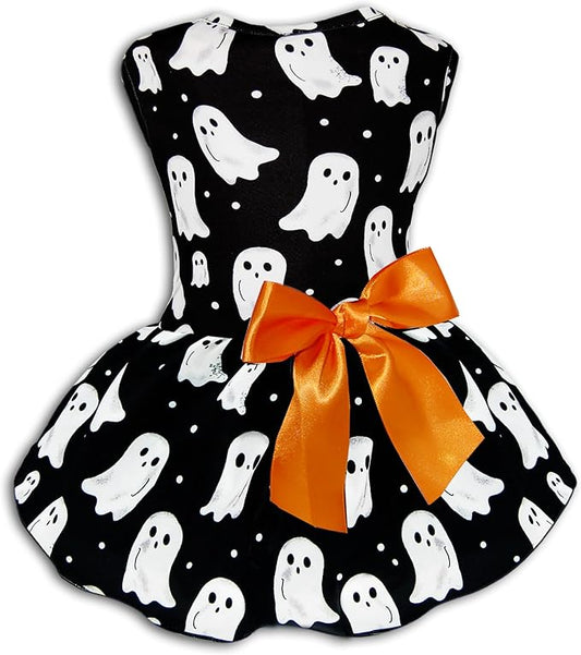 Halloween Dog Dress Ghost Print Pet Costume with Orange Bow Soft Fabric 5 Sizes for Small & Medium Dogs Cute & Comfortable Holiday Outfit