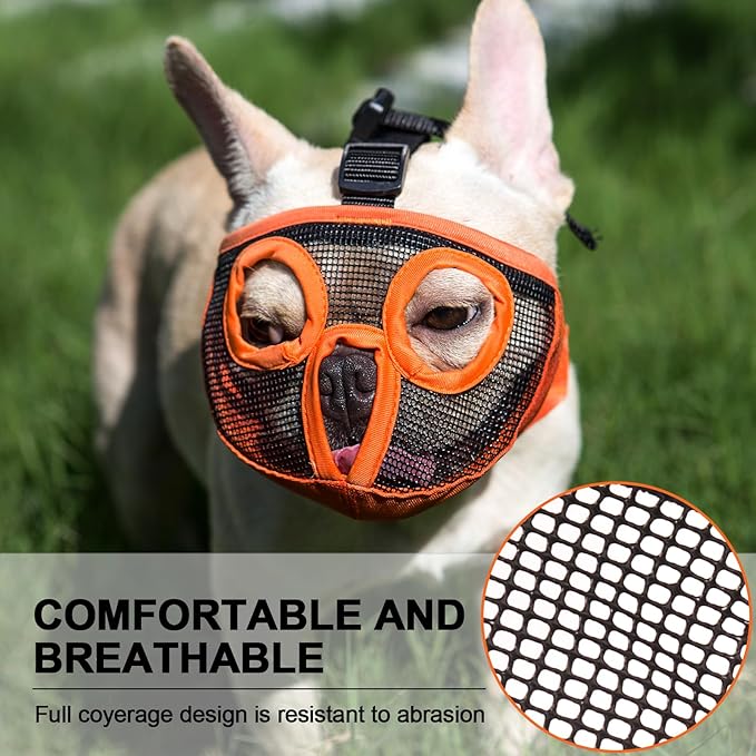 Short Snout Dog Muzzles- Adjustable Breathable Mesh Bulldog Muzzle for Biting Chewing Licking Grooming Dog Mask,Orange N-S