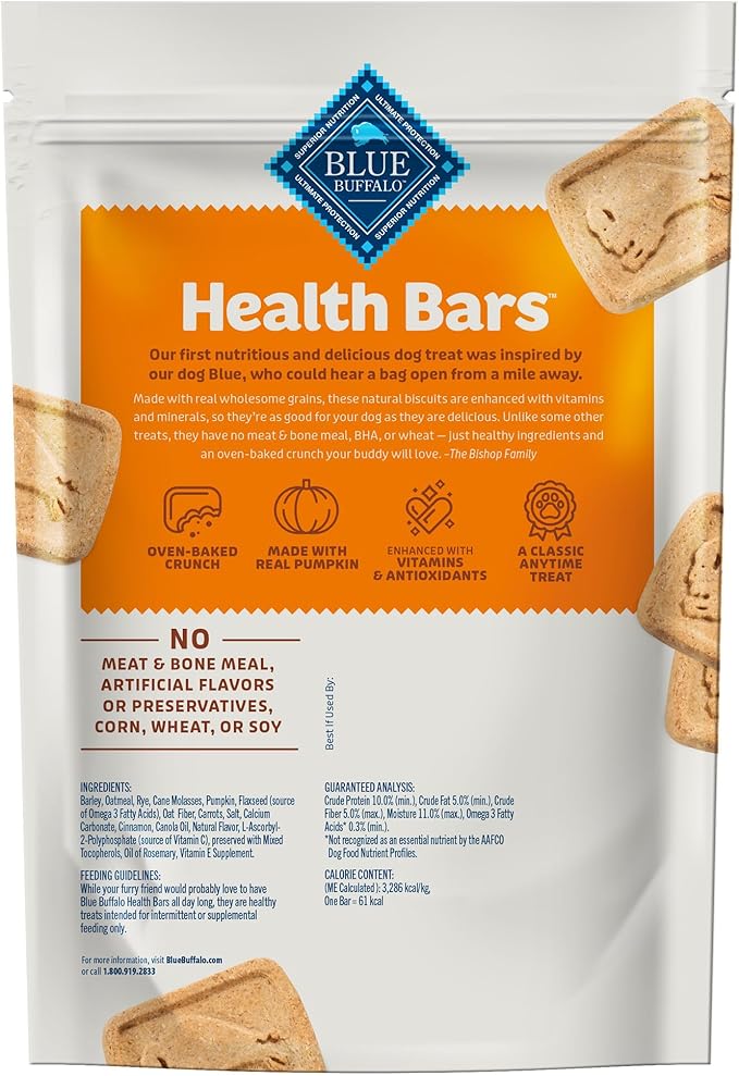 Blue Buffalo Health Bars Crunchy Dog Biscuits,Oven-Baked with Natural Ingredients,Pumpkin & Cinnamon,16-oz Bag,(Pack of 4)
