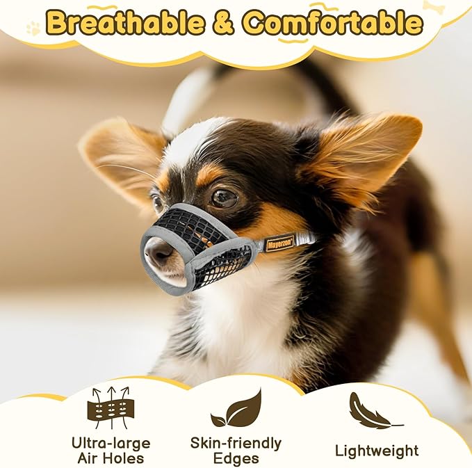 Mayerzon Dog Muzzle for Biting, Patented Soft Breathable Mesh Muzzle for Small Medium Dogs Chihuahua Dachshund Poodle, Adjustable Mouth Cover for Grooming, Chewing, Vet Visits (Grey Trim, XXS)