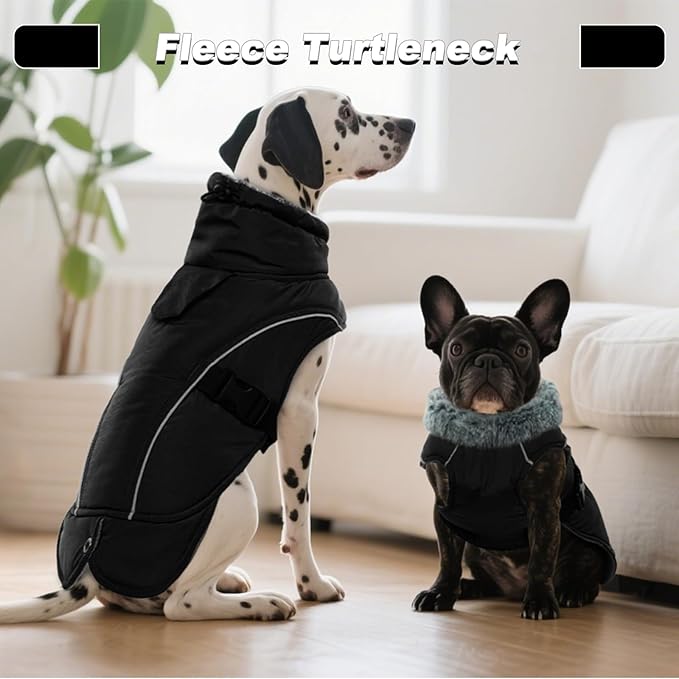 DENTRUN Winter Warm Dog Coat Reflective Jacket with Turtleneck for Cold Weather, Adjustable Buckle Windproof Water Repellent, Thick Snowsuit Fleece Vest for Small, Medium, Large Dogs, Black, XXXL