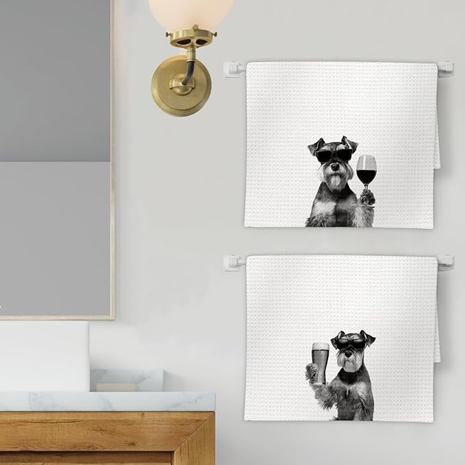 Gifts for Mini Schnauzer Dog Wine Lovers Kitchen Towels Set of 2, Schnauzer Gifts Wine Decorative Hand Dish Towel for Kitchen Home Bar, Funny Dog Beer Lover Home Bars Kitchens Decor(16x24 Inch)