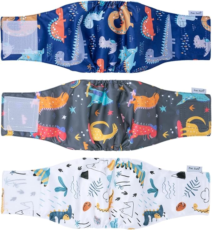 Pet Soft Dog Belly Band - 3 Packs Reusable Dog Diapers Male Doggy Diapers Wraps - Washable Dogs Belly Bands for Male Dogs (Dino, L)