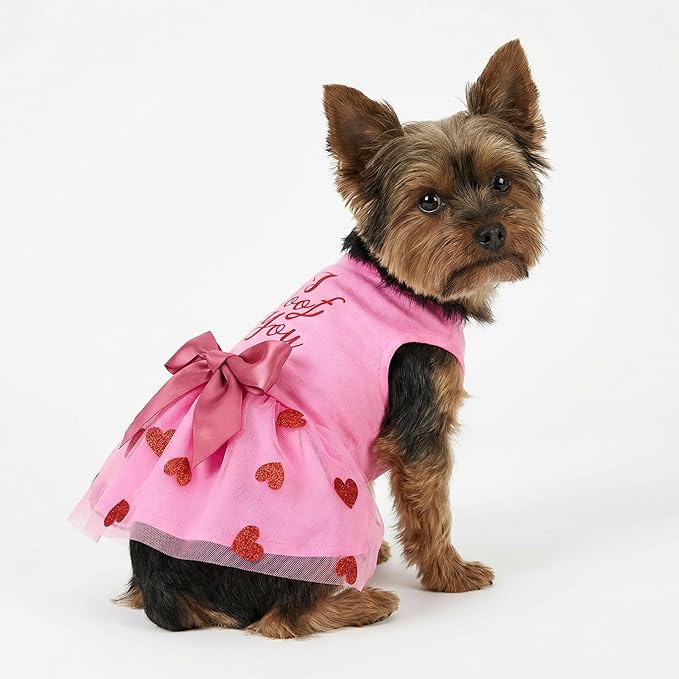 Fitwarm I Woof You Valentines Dog Dress 100% Cotton Girl Dog Clothes Pet Apparel Doggie Tutu with Bowknot Cat Clothing Puppy Dresses Doggy Costume Attire Pink XX-Small