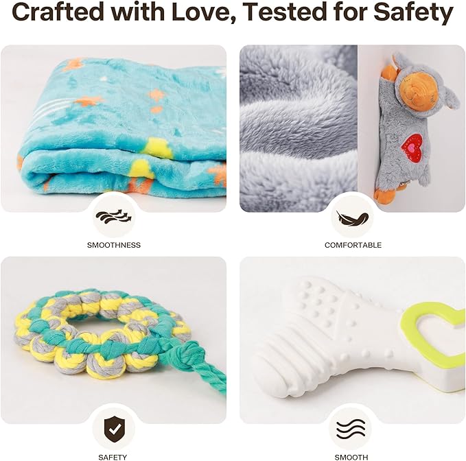 Puppy Essentials Starter Kit - New Born Dog Toys Gifts Heartbeat Puppy for Dogs, Teething Toys, Heat Packs & Cozy Blanket for Crate Training & Anxiety Relief