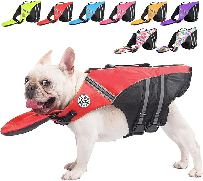 Dog Life Jacket, French Bulldog Life Vest for Swimming Boating, Dog Swim Vest with Chin Float and Rescue Handle, High Flotation Puppy Life Jackets (Chest Girth: 17" to 30", Weight: 17" to 28" LB)