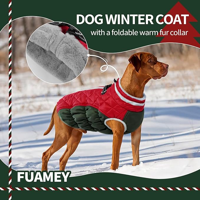 FUAMEY Dog Coat for Large Dogs,Waterproof Dog Winter Jacket with Harness Built in Puppy Cold Weather Coats Reflective Pet Vest with Zipper Warm Fleece Dogs Snowsuit Windproof XXXL