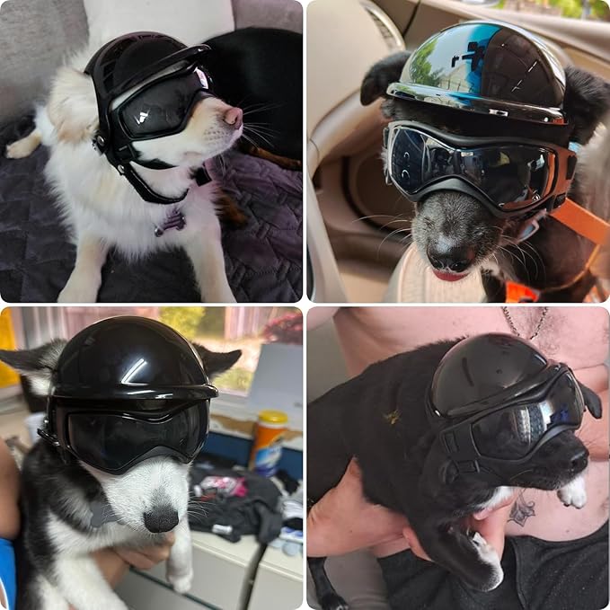 PETLESO Extra Small Dog Helmet and Dog Goggles Set, XS Pet Safety Hat with Ear Holes, Anti-UV Pet Sunglasses, Head & Eyes Protection for Puppy and Adult Cats, Black