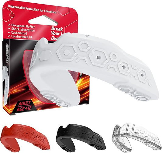 GOHEX Sports Mouthguard for Adults – Shock-Absorbing Mouth Guard with Chin Guard for All Contact Sports, Boxing, Lacrosse, Football, Hockey, MMA, and Martial Arts (White)