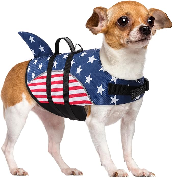 Queenmore Large Dog Life Vest for Boating, American Flag Dog Life Vest for Swimming, Lightweight Medium Dog Life Jacket with Shark Fin/Rescue Handle/Leash Hook, L