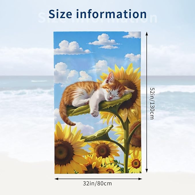 Sleeping Cat Beach Towel,32x52in Microfiber Quick Dry Cute Kitten Sunflower Bath Towels,Soft Lightweight Oversized Sand Free,for Travel Pool Swimming Gym Decor,Gifts