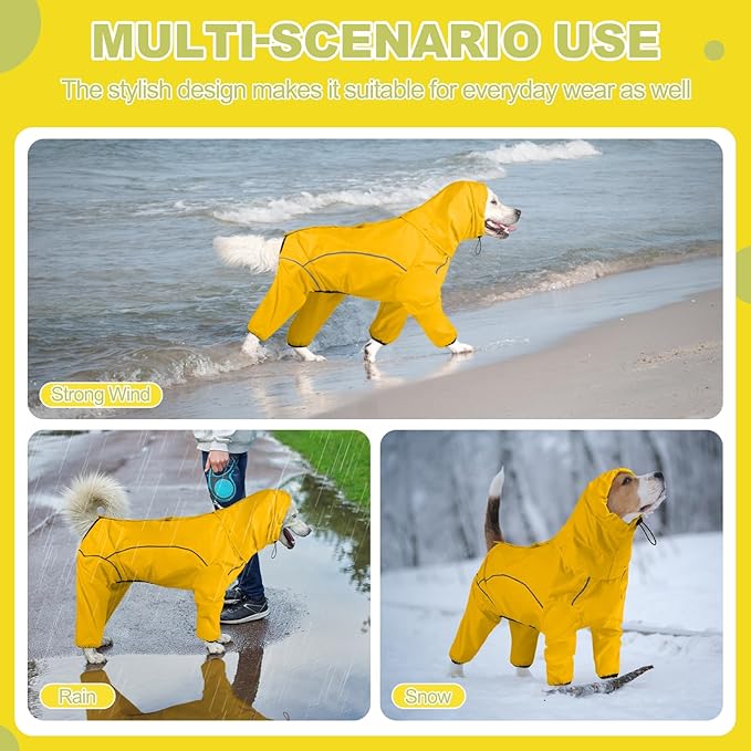 Dog Raincoat, Waterproof Dog Rain Jacket with Removable Hood，Adjustable 4 Legs Pet Poncho with Leash Hole，Reflective Stripe Hooded Snowproof Windproof Clothes for Small to 3X-Large Dogs, S