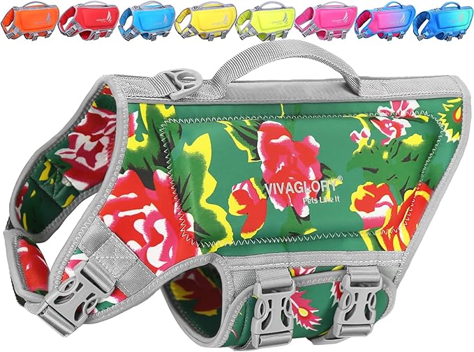 VIVAGLORY High Buoyancy Dog Life Vest, Swimming Vest with Handle, Dog Life Jacket for Swimming & Boating, Buoyancy for Puppy Doggy, XS, Northeast Florals-Green