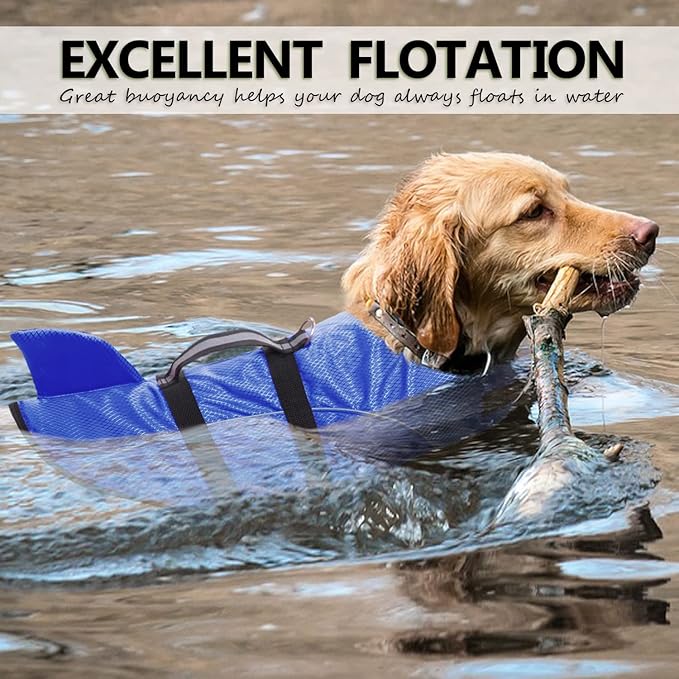 Queenmore Ripstop Dog Life Jacket Shark Life Vest for Dogs, Safety Lifesaver with High Buoyancy and Lift Handle for Small and Medium Breeds（Blue S）