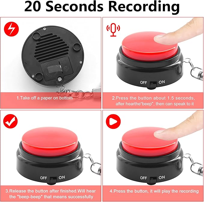 Recordable Talking Button with Keychain, 20s Voice Recording Time Sound Button Answer Buzzers Funny Buttons Record Your Own Words Pack of 2 - Red and Black (Battery Included)