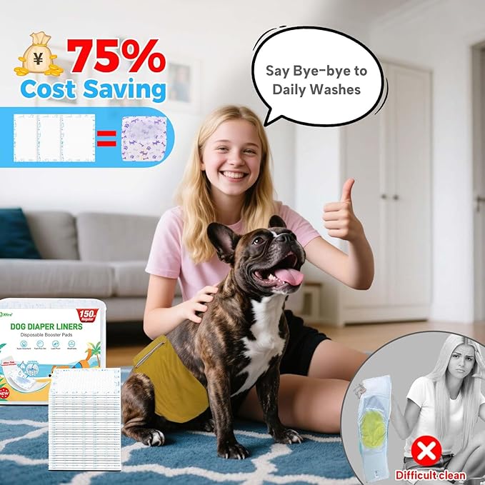 Dog Diaper Liners 150ct, Upgraded Ultra-Thin & Super Absorbent Dog Diapers Booster Pads for Male and Female Dogs, Disposable Doggy Diapers Inserts for Dog Belly Bands Wraps Period Panties (Large)