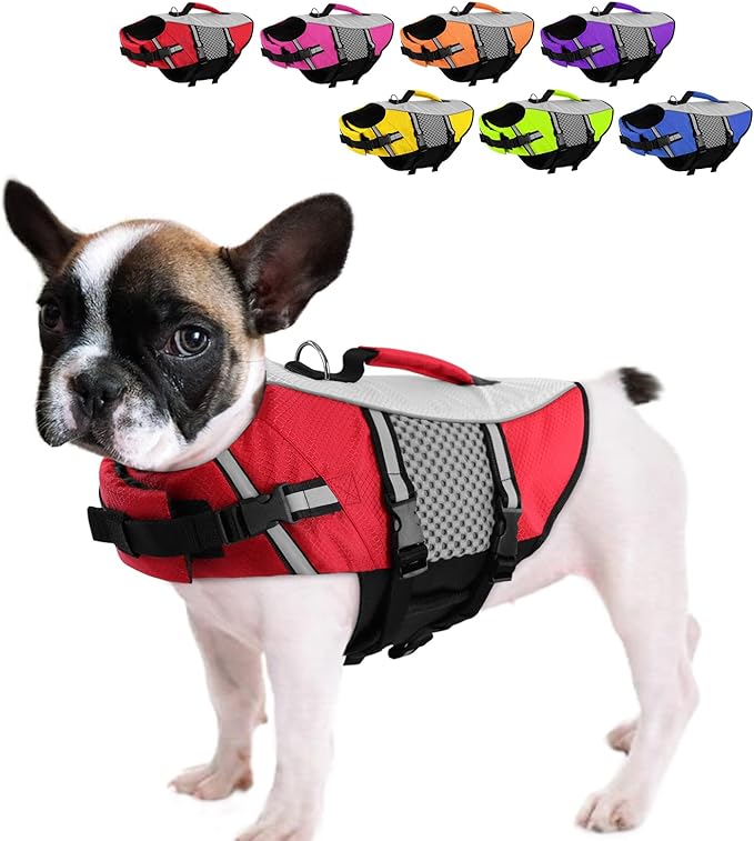 Queenmore Dog Life Jacket Swimming Vest Small Medium Dogs Neoprene Life Vest Lightweight Reflective Dog Lifesaver for Boating Kayaking Red,S
