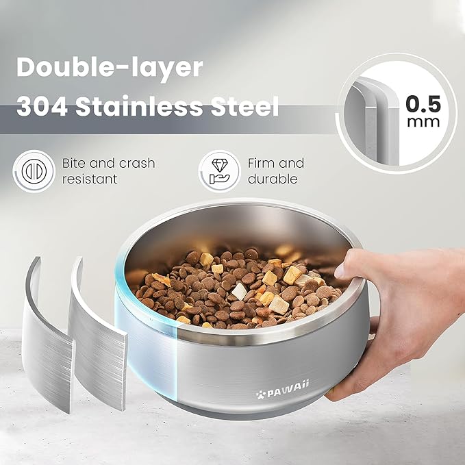 Pawaii Dog Bowl, 68 oz Double-Wall Stainless Steel Food and Water Bowl, Non-Slip Rubber Base, Dishwasher Safe, ID Tag Included, (1 Pack)
