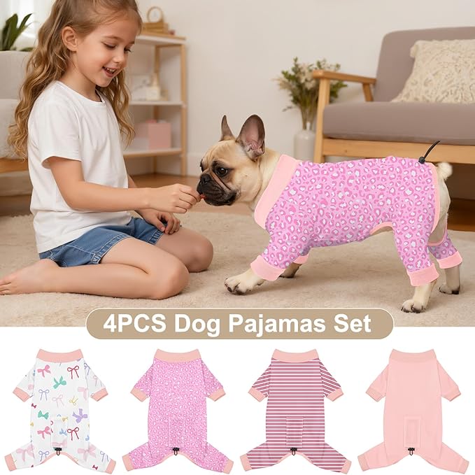 Bienbee Dog Pajamas, 4 Pack Dog Recovery Suit Shedding Suit Cute Soft Puppy Clothes Dogs Pjs Onesies Jammies Adjustable Breathable & Stretchy Clothes for Small Medium Large Dogs Girl Boy Puppy-L