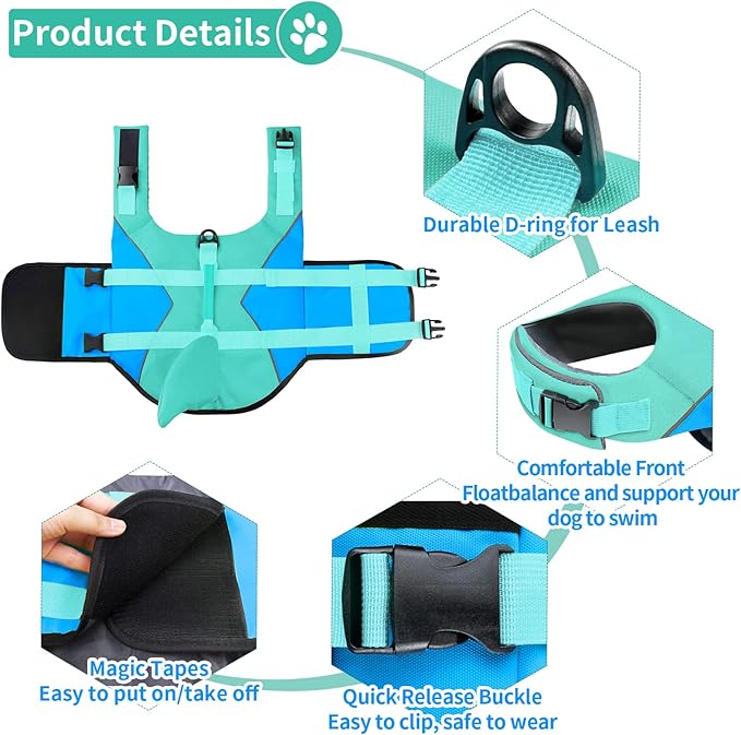 Malier Dog Life Jacket, Ripstop Dog Life Vest with High Buoyancy for Swimming Boating, High Visibility Shark Puupy Lifesaver for Small Medium Large Dogs (Pure Blue, Medium)