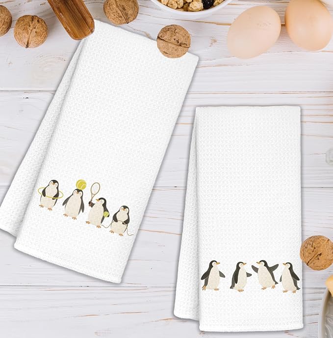 Cute Penguin Bathroom Hand Towels Set of 2, Penguin Gifts for Kids, Funny Polar Animal Tennis Sport Dish Hand Tea Towels for Kitchen Bathroom Decor, 16x24 Inch