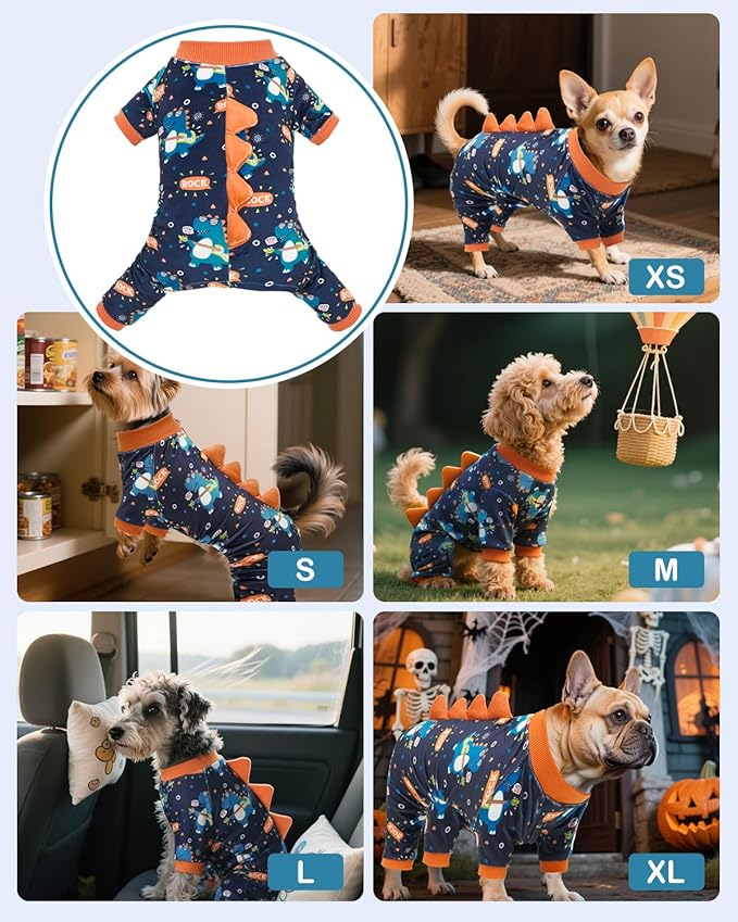 CuteBone Dinosaur Costume Dog Pajamas, Stretchy Spandex Crystal Velvet Sleepwear Coat for Small Dogs, Soft & Warm Pet Outfit Clothes for Cold Weather, Cozy Pullover Design COSP19L