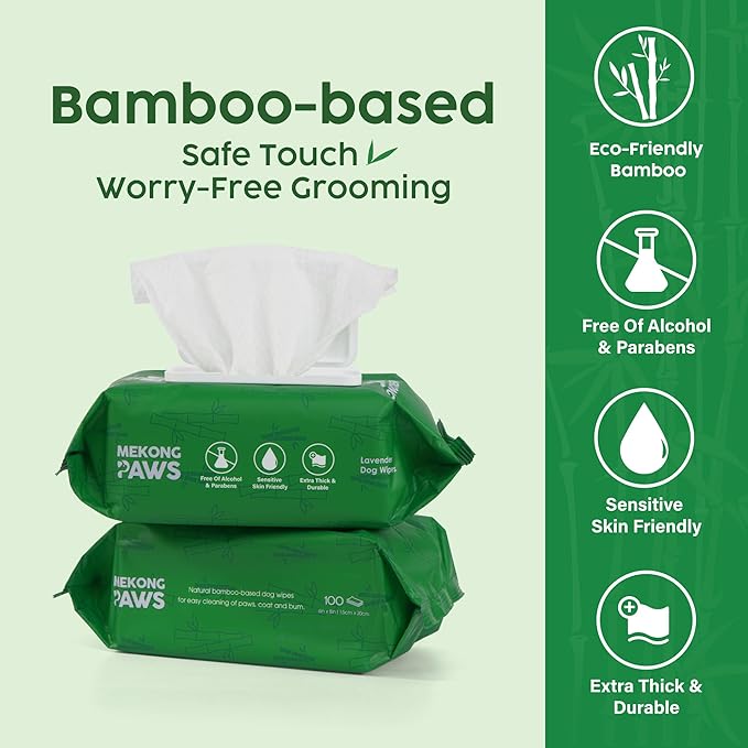 Bamboo Grooming Wipes - Calming Lavender Scented - Freshening Dog Cat - Gentle on Sensitive Skin - Thick & Durable for Paw Coat & Bum Cleansing - 400 Count