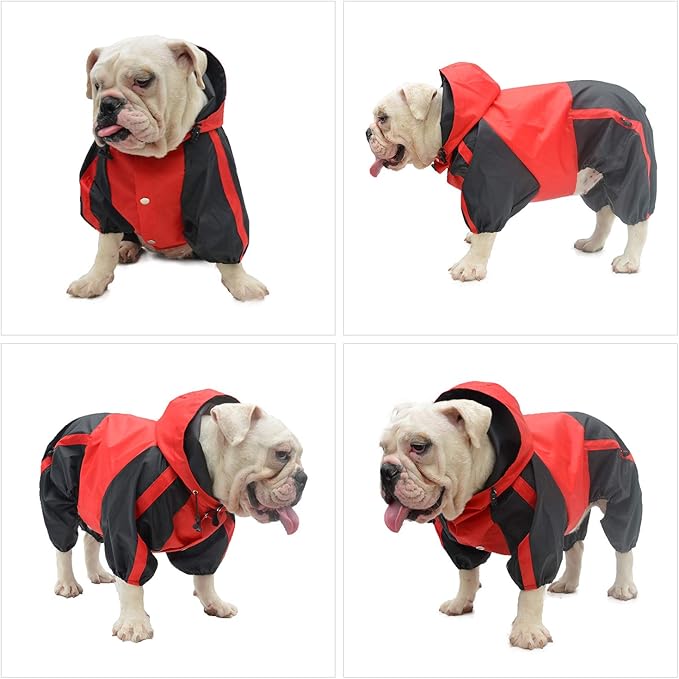 Lovelonglong American Bully Pitbull Dog Hooded Raincoat, Bulldog Rain Jacket Poncho Waterproof Clothes with Hood Breathable 4 Feet Four Legs Rain Coats for Pugs English French Bulldog Red B-XL