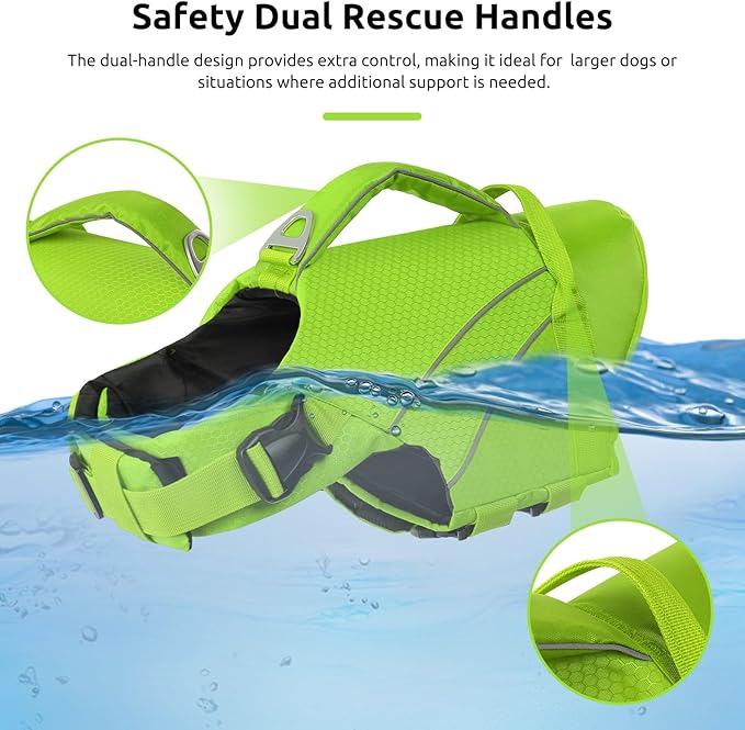 Queenmore Dog Life Jacket with Front Float, Adjustable Ripstop Dog Life Vest for Swimming Boating, Pet Lifesaver with Rescue Handle, Enhanced Buoyancy Cat Pool Float (Green,L)