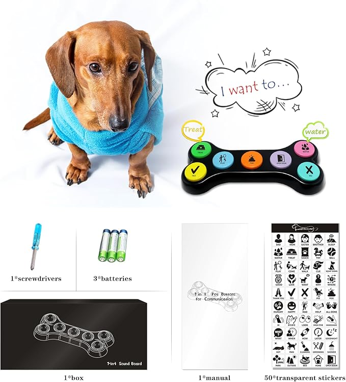 Dog Buttons for Communication, 7pcs Recordable Talking Buttons Set with Scene Stickers, Pet Training Buttons for Puppy Small Dogs & Cats Black Color (Battery Included)