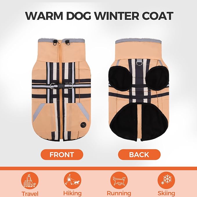 Mihachi Dog Snow Jacket Waterproof Dog Coat with Harness Built in,Thick Fleece Lined & Pockets,Turtleneck Warm Winter Jacket for Small Dogs Reflective Fleece Vest with Zipper,Snowsuit Outfit, Beige S