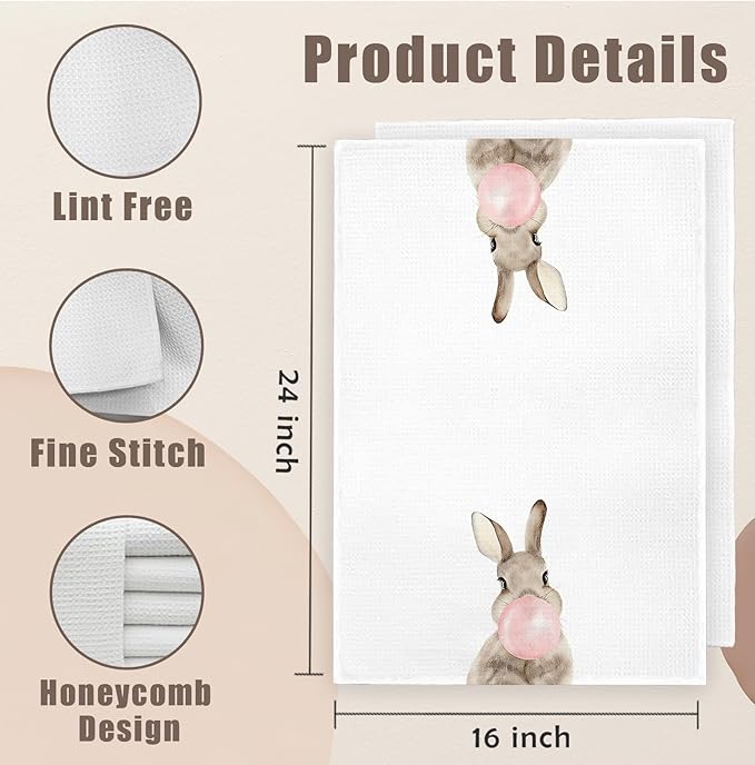 Pink Bubblegum Rabbit Bunny Kitchen Dish Towels Set of 2, Bunny Gifts for Women Girls, Kids Bathroom Decor, Rabbit Gifts Hand Tea Towels for Kitchen Bathroom Decor, 16x24 Inch