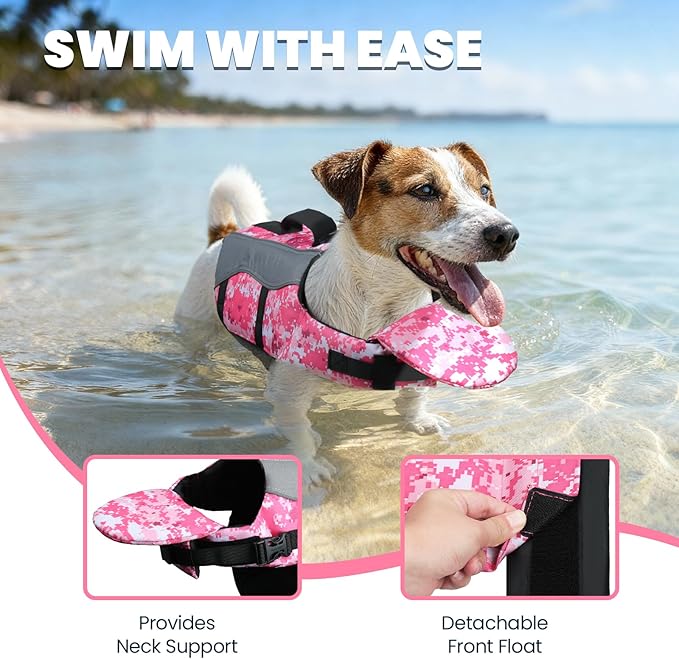 VIVAGLORY Front Float Dog Life Vest, Dog Life Jacket for Swimming & Boating, Swimming Vest with Chin Float & Handle, Ripstop & Buoyancy for Puppy Doggy, M, Camo Pink