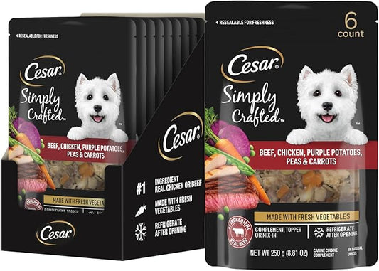 Cesar Simply Crafted Beef, Chicken, Purple Potatoes, Peas & Carrots Wet Complement, 8.82 oz. Pouch (6 Count)