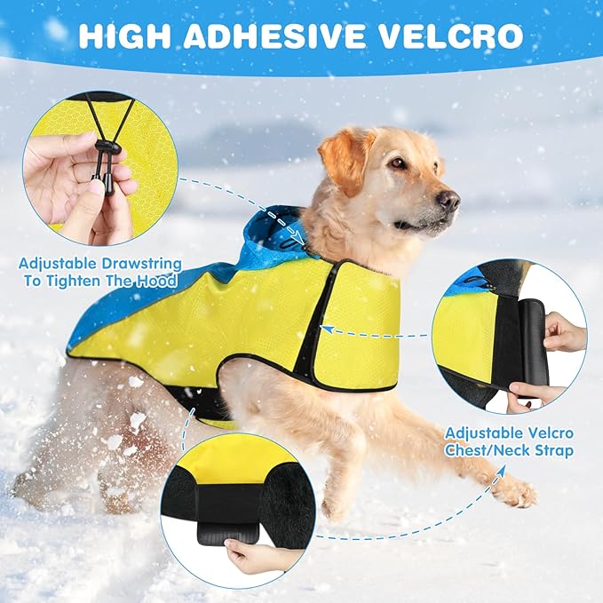 Dog Rain Jackets for Large Dogs, Lightweight Reflective Safety Pet Rain Coats, Waterproof Dog Raincoats with Hood/Leash Hole/Reflective Strip - Yellow + Blue, L