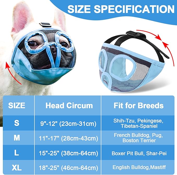 Short Snout Dog Muzzles- Adjustable Breathable Mesh Bulldog Muzzle for Biting Chewing Training Grooming Dog Mask,Blue L