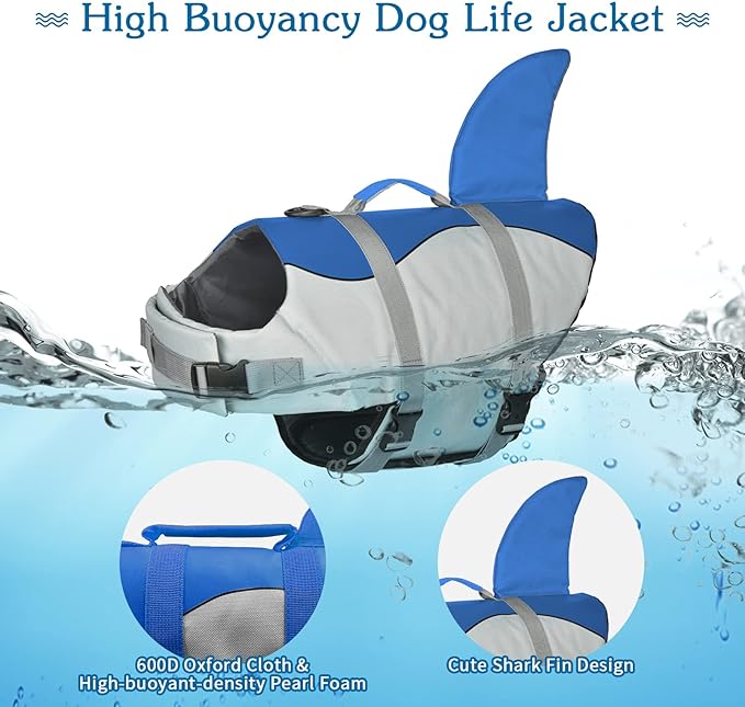 Dogcheer Dog Life Jacket Shark, Adjustable Dog Swim Life Vest for Swimming Boating with Superior Buoyancy & Rescue Handle, Ripstop Pet Float Vest Coat for Small Medium Large Dogs - Blue, XL