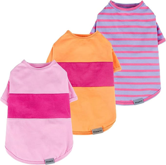 Fitwarm 3 Pack Color Block Striped Dog Shirt, Summer Dog Clothes for Small Dogs, Breathable Lightweight Dog Tshirt, Pet Outfit, Pink, Orange, Purple, Medium