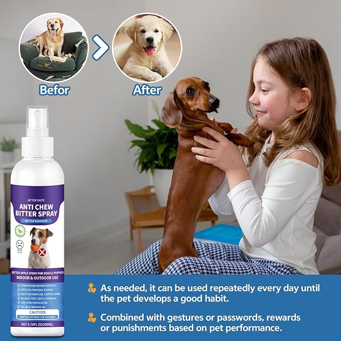 No Chew Spray for Dogs, 200ML Bitter Apple Spray for Dogs to Stop Chewing and Prevents Wound Licking, Protects Furniture, Shoes, Bandages, Alcohol-Free & Non-Toxic, Safe for Indoor & Outdoor Training