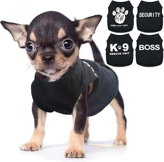 4 Pack Dog Clothes for Small Dogs Boy Male Summer Letter Security Dog Shirts Cute Cool Clothes for Chihuahua Dachshund Yorkie Shih Tzu, Pet Cat Outfit Clothing, XS,Black