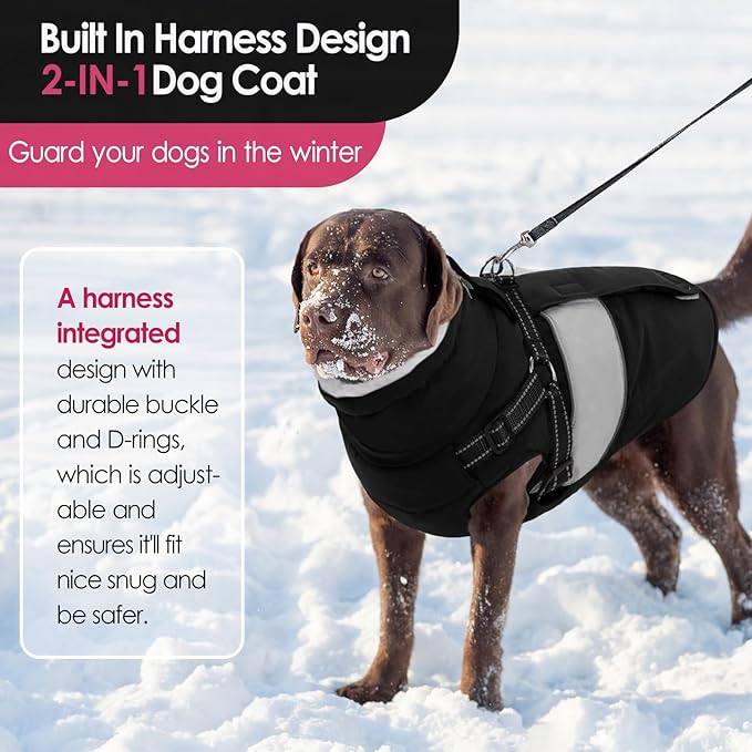 AOFITEE Dog Coats for Large Dogs, Dog Winter Coat, Dogs Coat with Harness Built in, Reflective Waterproof Pet Jacket with Furry Collar, Warm Fleece Pet Sweater for Doberman, Great Dane, Black XXL