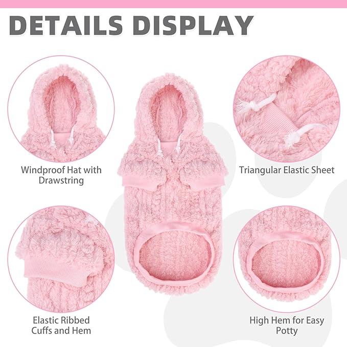 KOOLTAIL Fuzzy Dog Sweater Hoodie for Small Medium Large Dogs, Soft Fleece Pet Clothes Sweatshirt with Leash Hole, Warm Winter Dog Sherpa Jacket Snuggie Cold Weather Coat for Puppy Cats Girl, Pink L