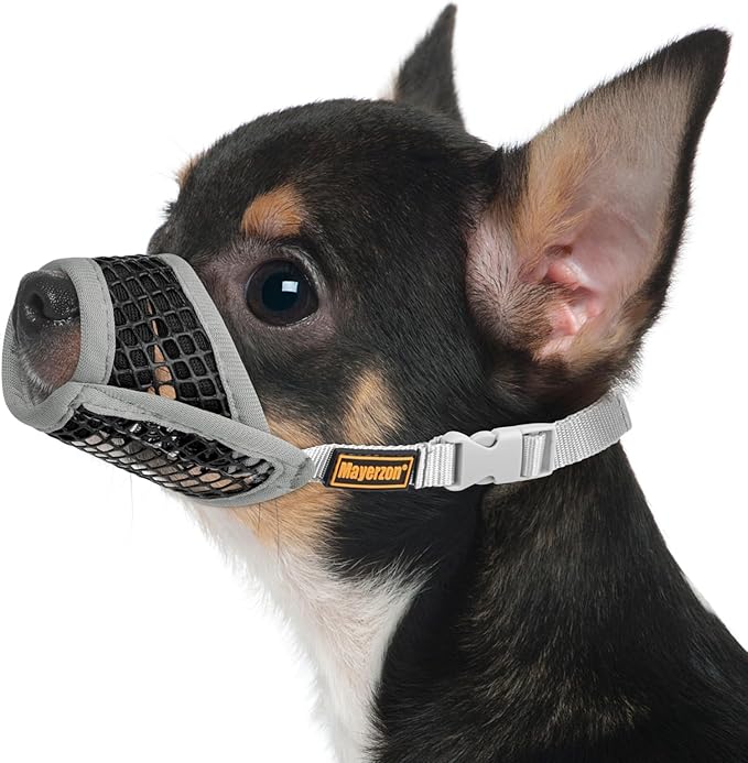 Mayerzon Dog Muzzle for Biting, Patented Soft Breathable Mesh Muzzle for Small Medium Dogs Chihuahua Dachshund Poodle, Adjustable Mouth Cover for Grooming, Chewing, Vet Visits (Grey Trim, XXS)