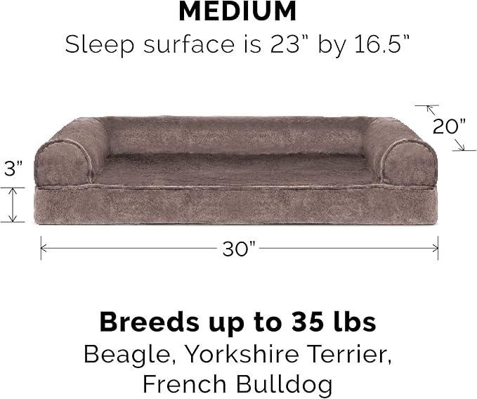 Furhaven Memory Foam Dog Bed for Medium/Small Dogs w/ Removable Bolsters & Washable Cover, For Dogs Up to 35 lbs - Faux Fur & Velvet Sofa - Driftwood Brown, Medium