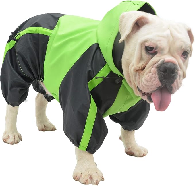 Lovelonglong American Bully Pitbull Dog Hooded Raincoat, Bulldog Rain Jacket Poncho Waterproof Clothes with Hood Breathable 4 Feet Four Legs Rain Coats for Pugs English French Bulldog Green B-S