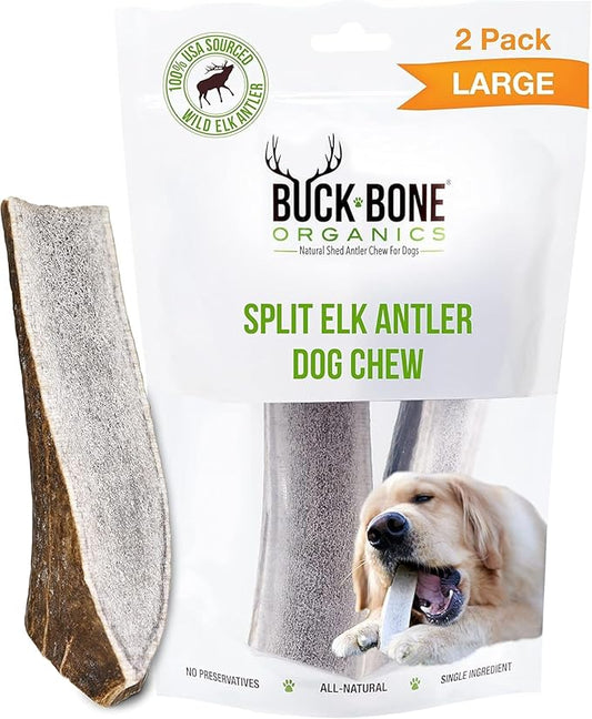 Buck Bone Organics Dog Chews, Elk Antlers for Dogs, Long Lasting Dog Bones for Aggressive Chewers, All Natural, No Preservatives, Wild Shed in the USA (Large 2 Pack)